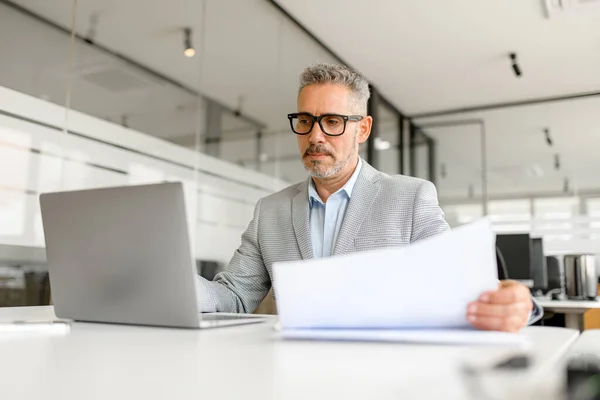 Koncentrerad Medelålders Manlig Entreprenör Med Bärbar Dator Självsäker Gråhårig Man — Stockfoto