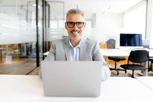 Front View Cheerful Mature 50S Businessman Using Laptop Contemporary Office — Stock Photo, Image