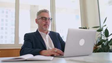 Sanal konferans. Video bağlantısı için dizüstü bilgisayar kullanan olgun, gri saçlı 60 iş adamı, kıdemli patron, öğretmen, koç interlokasyon memuru, web kamerasında el sallayan erkek çalışan.