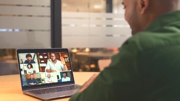 Male Employee Involved Video Meeting Laptop Diverse Workteam Indian Man — Stockvideo