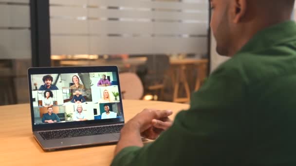 Young Indian Man Using Laptop Virtual Meeting Colleagues Brainstorming Multiracial — Stock Video