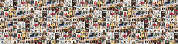 A diverse series of faces fill the frame, showcasing men and women from various ethnic backgrounds in professional attire, the concept is to represent diversity and inclusivity in the workplace