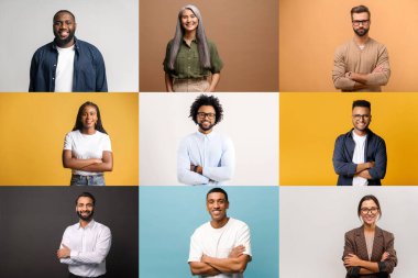 A collage of diverse individuals displaying confident poses against solid colored backgrounds. Concept of a variety of professional and casual styles, illustrating the multiplicity of modern society clipart