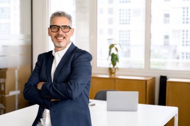 İyimser, gri saçlı, olgun bir iş adamı. Kapalı yerlerde giyiniyor, gülümsüyor. Son sınıf erkek girişimci 50 'li yaşlarda, ofis masasına yaslanmış kameraya bakıyor.