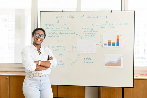 Confident African American Businesswoman Tutor Eyeglasses Wearing White Shirt Jeans — Stock Photo, Image