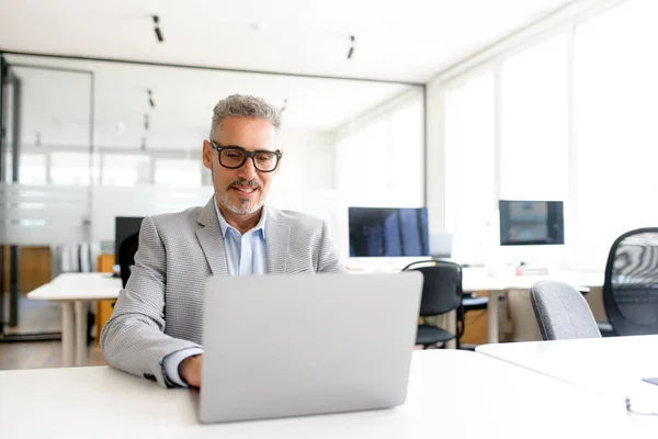 Concentrated Man Looking Laptop Screen Happy Expression While Looking Office — Stock Photo, Image