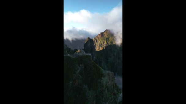 美丽的马德拉斯山脉从天空中被捕捉 无人驾驶飞机的眼睛提供了令人叹为观止的山顶景观 犹如汹涌澎湃的晨雾中的岛屿 — 图库视频影像