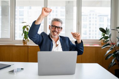 Heyecanlı, olgun iş adamı kollarını kaldırarak zafere işaret ediyor. Mutlu kıdemli CEO zaferle bağırıyor. Maçı kazanıyor.