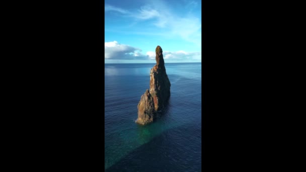 Εκθαμβωτική Λήψη Drone Αποκαλύπτει Madeiras Παράκτια Μεγαλειότητα Όπου Κατάφυτα Βράχια — Αρχείο Βίντεο