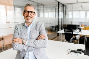 Çağdaş ofiste silahları çapraz duran başarılı olgun iş adamı, orta yaşlı erkek yönetici, küçük işletme sahibi, kameraya bakan takım elbiseli yatırımcı, gururlu girişimci.