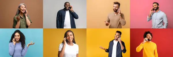 Colagem Pessoas Envolvidas Uma Conversa Telefônica Conceito Conectividade Comunicação Atendimento — Fotografia de Stock