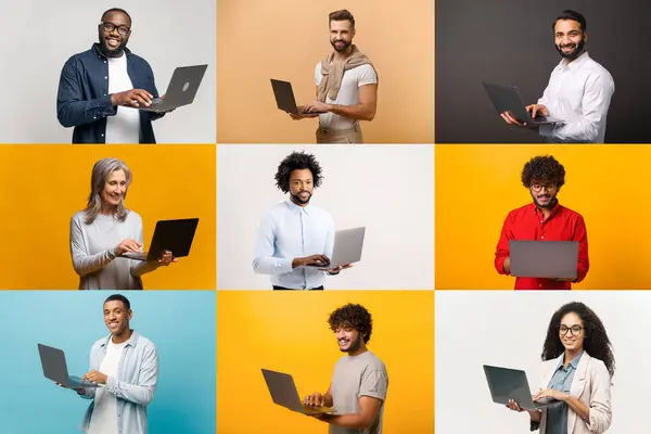 Collage People Various Ages Ethnicities Each Holding Laptop Symbolizing Connectivity — Stock Photo, Image