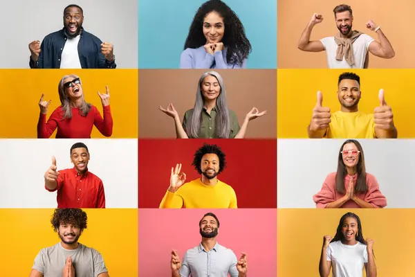 Kolaż Ludzi Różnych Stanach Kolorowych Tłach Koncepcja Podkreśla Autentyczność Emocjonalny — Zdjęcie stockowe