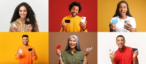 Vibrant Array Individuals Engaging Smartphones Some Credit Cards Suggesting World — Stock Photo, Image