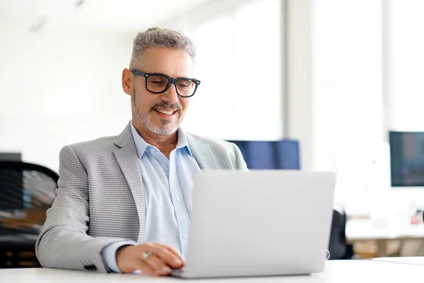 Mature Handsome Grey Haired Businessman Smart Blazer Working Diligently His — Stock Photo, Image