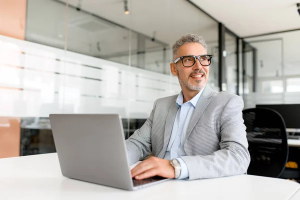 The mature professional, with a gentle smile enjoys his work, seated in front of laptop in modern office setting, which illustrates the enjoyment and fulfillment found in todays flexible work culture
