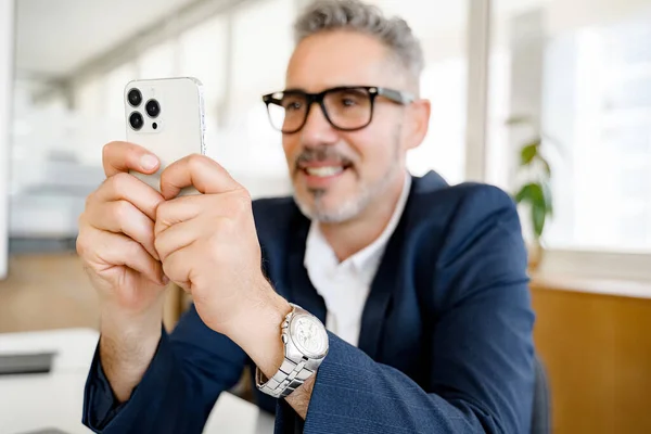 Smiling Confident Grey Haired Businessman Stylish Eyeglasses Male Employee Using — Stock Photo, Image