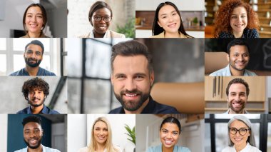 Kolaj, küresel çevrimiçi toplantıyı veya çok kültürlü takım işbirliğini temsil eden farklı bireyler grubunu sanal bir ızgarada sergiliyor. Dijital çağda kapsayıcılığın ve bağlanabilirliğin özü.