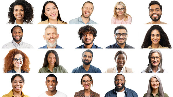 A series of smiling individual portraits, arranged in a clean grid, highlights the diverse and joyful human spirit, symbolizing interconnectedness and the positive aspects of a globalized world.