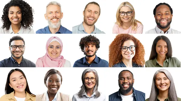 Collage Diverse Cheerful Faces Each Portraying Unique Expression Set White — Stock Photo, Image