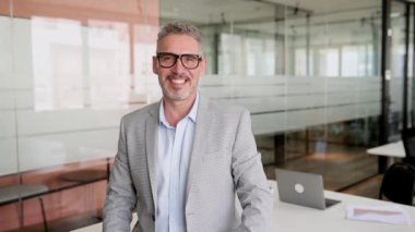 Kendine güvenen gri saçlı bir iş adamının portresi, kolları çapraz duran, resmi giyinmiş bir erkek ofis çalışanı, yüksek yetenekli bir uzman kameraya bakıyor ve gülümsüyor, yeni başarılara hazır.