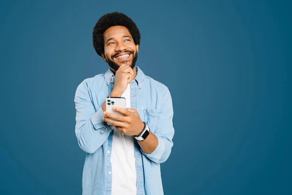 Young Cheerful Brazilian Man Afro Hairstyle Wearing Denim Shirt Smiling — Stock Photo, Image
