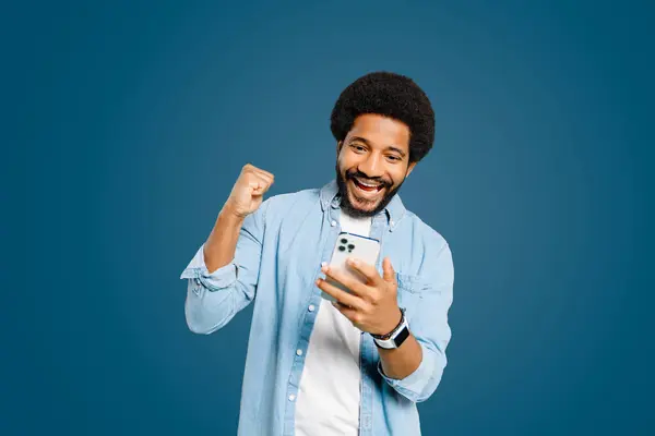 Happy Surprised Man Laughs Punches Air His Fist Displaying Gesture — Stock Photo, Image