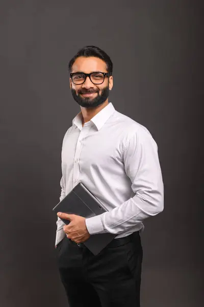 Friendly Indian Businessman Confidently Holds Laptop Half Turn Pose Showcases — Stock Photo, Image