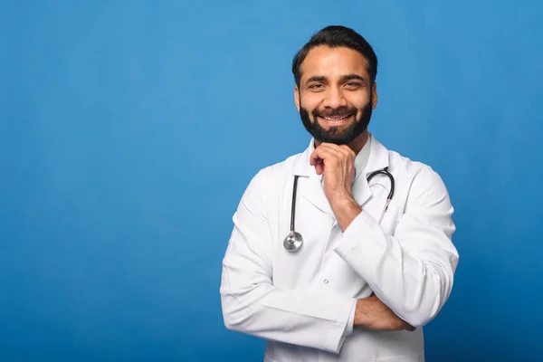 Cheerful Indian Doctor White Lab Coat His Stethoscope Visible His — Stock Photo, Image