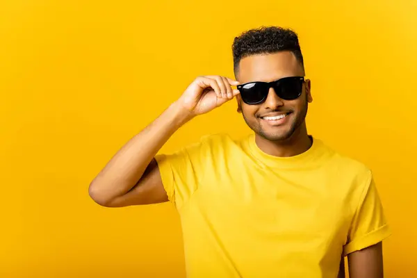 Handsome Attractive Young Indian Guy Sunglasses Posing Isolated Yellow Background — Stock Photo, Image