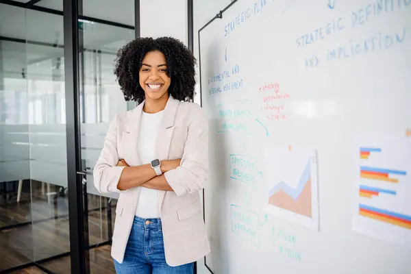 A confident female professional stands casually against a whiteboard, radiating approachability and leadership in a modern office setting. Young Brazilian businesswoman presents project, leads seminar