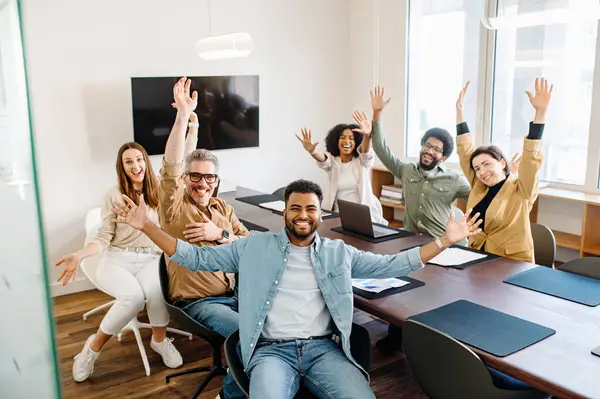Vibrant Office Team Celebrates Raised Hands Beaming Smiles Creating Image — Stock Photo, Image