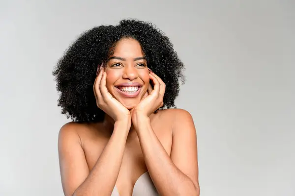 Cheerful African American Woman Holds Her Cheeks Smiling Broadly Playful — Stock Photo, Image
