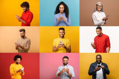 Bu kolaj, parlak renkli arka planlara karşı kurulmuş akıllı telefonlarıyla uğraşan insanların canlı bir spektrumunu tasvir ediyor. Görüntüler teknoloji ve yaşam tarzı arasında bir bağlantı olduğunu gösteriyor.
