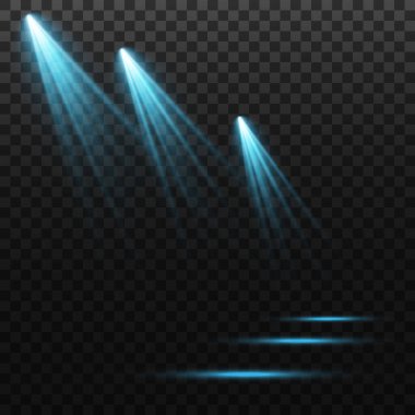 Vektör ışıkları. çeşitli ışık formları, mavi renk. Sahne projektörü. Sahne arkası, Amerikan spot ışığı. Işık efektleri. Önceki resimleme