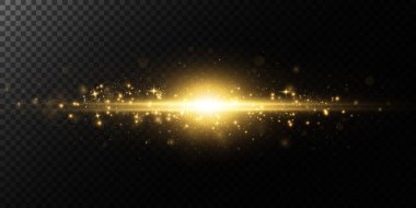 Altın yıldız, şeffaf bir arkaplanda, ışıltı ve ışık ışınlarının etkisi, parlayan ışıklar, güneş vektörü.