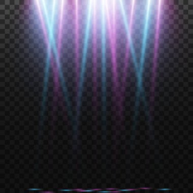 Vektör ışıkları. çeşitli ışık formları, mavi renk. Sahne projektörü. Sahne arkası, Amerikan spot ışığı. Işık efektleri. Önceki resimleme