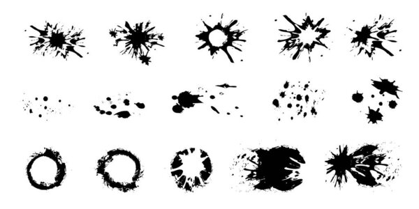 A large set of black ink, ink smears, stains, blots, brushes, lines, rough. Black brush strokes, elements of artistic design. Vector illustration. Isolated on white background