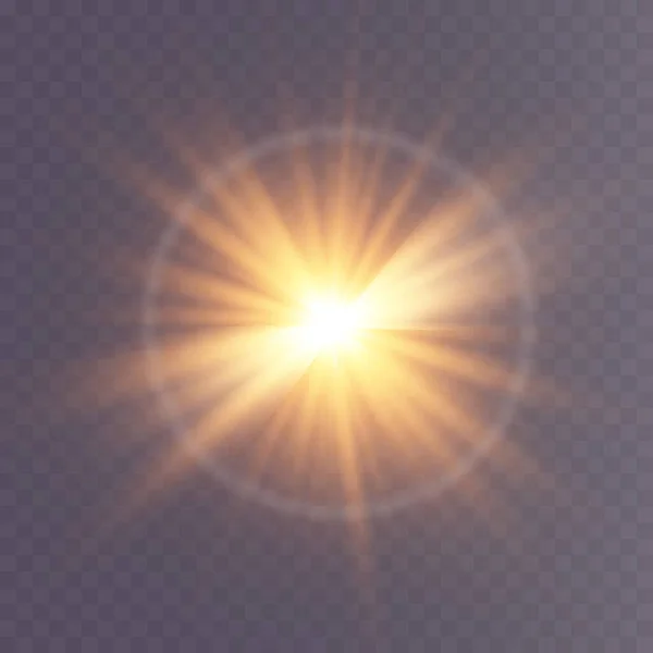 Золота Зірка Прозорому Тлі Ефект Сяйва Променів Світла Сяюче Світло — стоковий вектор