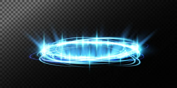 夜景中的魔法入口蓝色圆形全息图 带有光芒和闪光 在黑色背景上显示带有复制空间的未来主义远程端口隧道 — 图库矢量图片