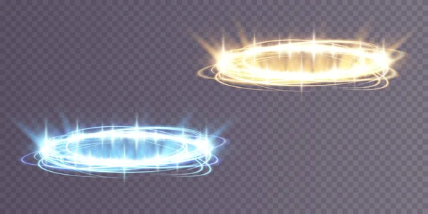 Чарівні Портали Нічній Сцені Сині Золоті Круглі Голограми Променями Світла — стоковий вектор