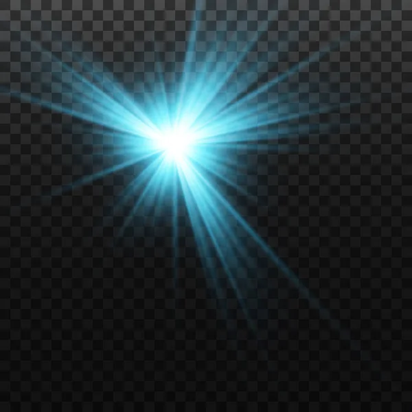 青色の星は 黒色の背景に 輝く光 太陽の光の効果 ベクトル — ストックベクタ
