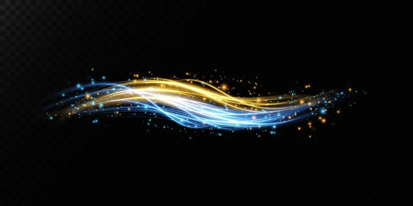 青と金の動きと速度の抽象的な光のライン 光の毎日輝く効果 半円形の波 ライトトレイルカーブの渦 車のヘッドライト 白熱光ファイバーのPng — ストックベクタ