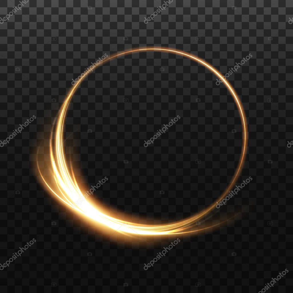 Golden glowing shiny spiral lines, round frames. Vector background. EPS10. Abstract effect of movement with the speed of light. Shiny wavy path. Light painting. Easy trail. Vector eps10
