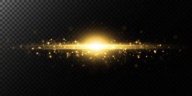 Altın yıldız, şeffaf bir arkaplanda, ışıltı ve ışık ışınlarının etkisi, parlayan ışıklar, güneş vektörü.