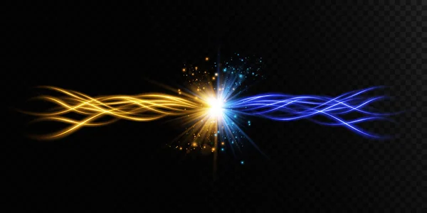 青と金の動きと速度の抽象的な光のライン 光の毎日輝く効果 半円形の波 ライトトレイルカーブの渦 車のヘッドライト 白熱光ファイバーのPng — ストックベクタ