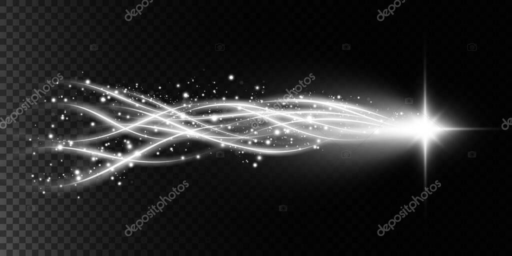 Luminous white lines of speed. Light glowing effect. Abstract motion lines. Light trail wave, fire path trace line, car lights, optic fiber and incandescence curve twirl png