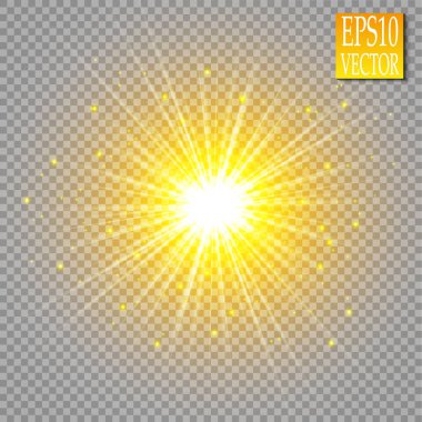 Parlak ışık efekti. Parıltılı yıldız patlaması. Altın parıldayan ışıklar. Vektör
