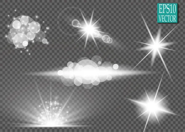 一组发光光效应恒星在透明背景上爆发出孤立的火花 为例证模板艺术设计 横幅为圣诞节庆祝 神奇的闪光能量射线 — 图库矢量图片