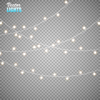 Noel ışıkları üzerinde şeffaf arka plan izole. Altın xmas parlayan garland kümesi. Vektör çizim. Eps10